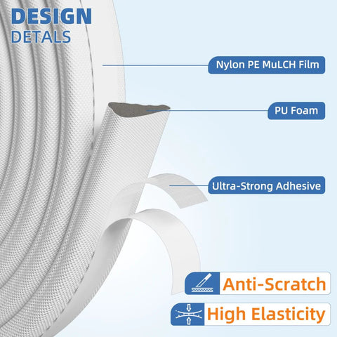 Kneelisa wedge-shaped door weather strip, white 118", PU foam core with nylon PE film, anti-scratch, high elasticity