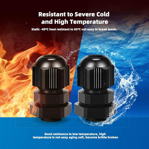 Cable Gland Kit Pack Of 20 Waterproof PG7 Cord Glands 3-7mm Nylon PA66 Strain Relief Connectors With Gaskets IP68 Rated showing resistance to extreme temperatures with fire and ice background.