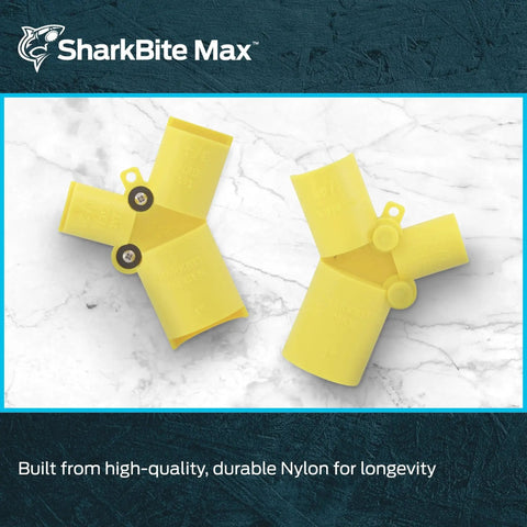 Yellow nylon fittings for brass push depth gauge and deburring tool, used with copper and plastic pipes, 1/2 to 1 inch insertion