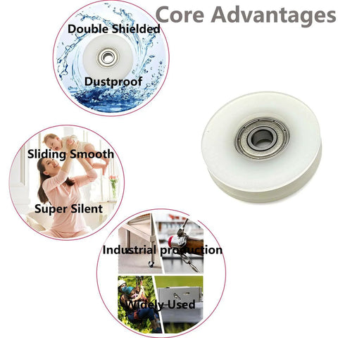 Close-up of Plastic Nylon Roller Wheel, 1.8"/46.5mm Silent U Groove Pulley Wheels with core advantages icons shown.