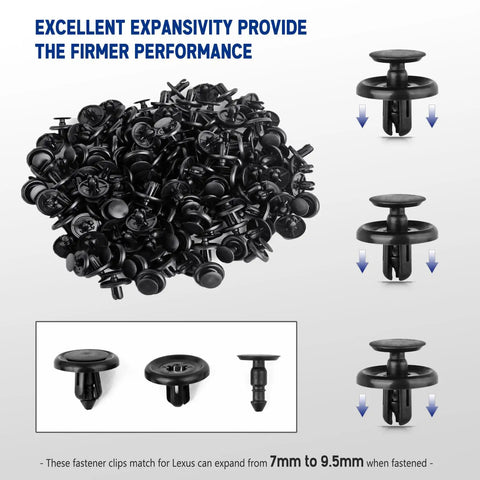 120 Piece Engine Under Cover Push Type Retainer Clips Kit for Toyota and Lexus Camry Corolla Replacement 9046707201 With Tool Direct Fit and Spare Set visible clips with size adjustment detail