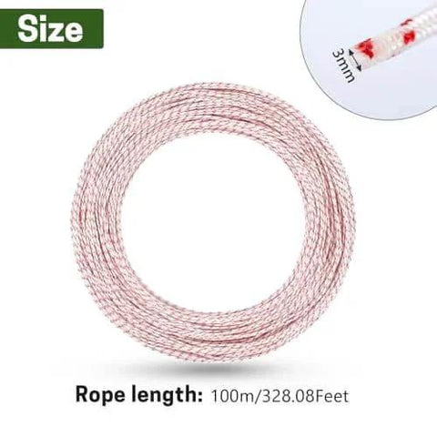 Recoil Starter Rope 3.0mm Diameter 100m Universal Engine Pull Cord showing coiled nylon rope with size detail inset.