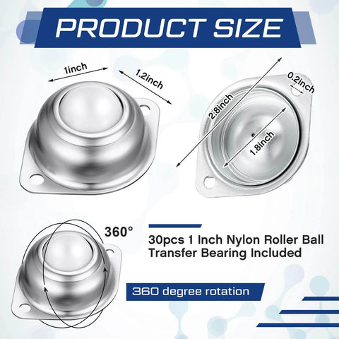 Diagram showing dimensions of 30 Pcs 1 Inch Roller Ball Transfer Bearing Nylon Round Ball Transfer Unit.