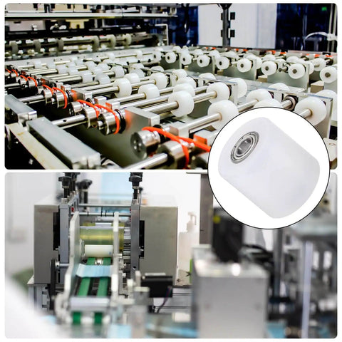 Nylon Roller Wheel Set With 686Z Bearings One Quarter Inch Bore One Inch Outer Diameter One Inch Length Four Pieces CNC Guiding Wheel Flat Belt Idler Pulley White For Conveyor And 3D Printer Projects shown in industrial setting and close-up view.