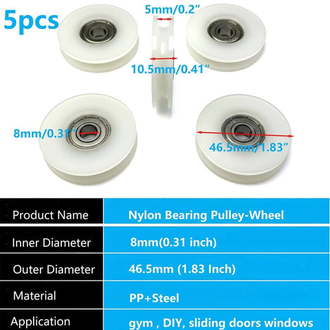 Plastic Nylon Roller Wheel, 1.8"/46.5mm Silent U Groove Pulley Wheels Ball Bearing for Sliding Door Garage Gym Pulleys System, with 608zz Bearing,5Pcs shown in side and top views.