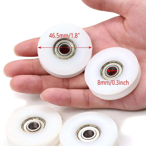 Plastic Nylon Roller Wheel, 1.8"/46.5mm Silent U Groove Pulley Wheels Ball Bearing for Sliding Door Garage Gym Pulleys System, 5Pcs shown in hand