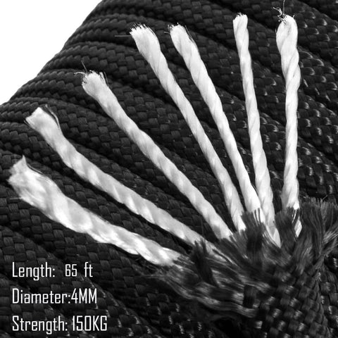 Close-up of 66ft nylon rope for 25MM Pulley System, 2 Pcs M25 Pulleys Block with Rope and Hooks, showing length and strength details.