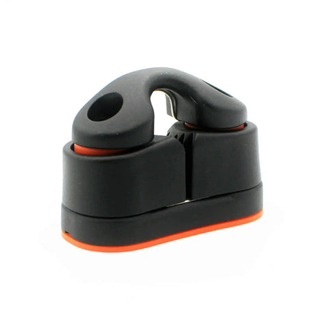Nylon rope clamp cleat for marine use; black body with orange base, angled front view