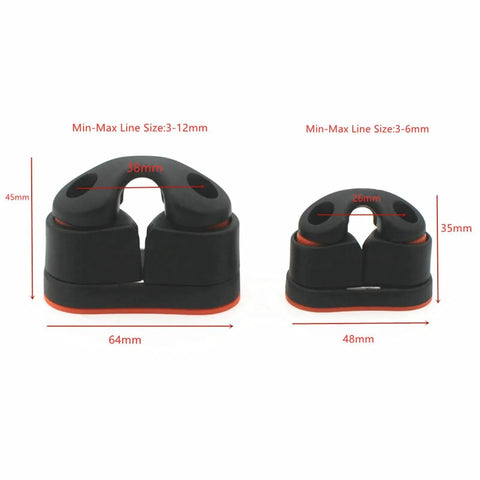Front view: WEISUYUUS nylon rope clamp cleat for marine use; dual sizes for 3–12 mm and 3–6 mm rope, black with red base.