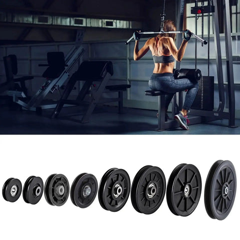 Nylon Round Rope Pulley For Fitness Equipment And Cable Machines Replacement Roller on workout machine, multiple pulley sizes shown