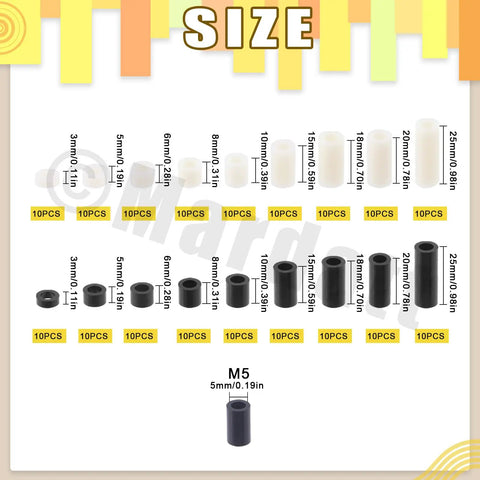 180 Piece Nylon Round Spacer Assortment Kit For M5 Screws Nine Sizes 3mm 5mm 6mm 8mm 10mm 15mm 18mm 20mm 25mm Black And White Non Threaded Spacers For Switch Receptacle And Electrical Projects 10 Pieces Per Size
