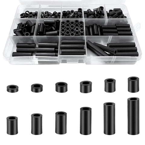 250 Pcs Black Nylon Round Spacer Assortment Kit With 12 Lengths 3mm To 35mm For M6 Screws ID 6mm OD 11mm Non Threaded Plastic Spacers