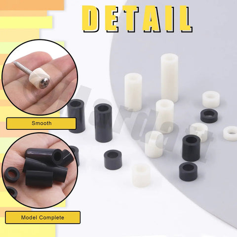 180 Piece Nylon Round Spacer Assortment Kit For M5 Screws Nine Sizes 3mm 5mm 6mm 8mm 10mm 15mm 18mm 20mm 25mm Black And White Non Threaded Spacers For Switch Receptacle And Electrical Projects 10 Pieces Per Size displayed on a surface with close-up views showing texture and color variations.