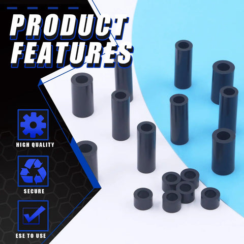 Assorted Nylon Round Spacers Kit for M3 M4 M5 M6 Screws with 270 Pieces featuring black spacers shown on blue background.