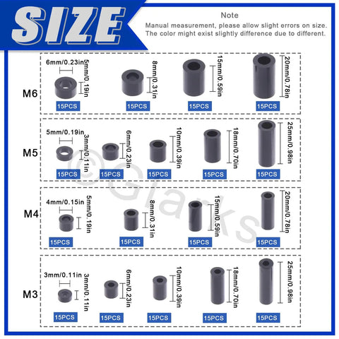 Assorted Nylon Round Spacers Kit For M3 M4 M5 M6 Screws With 270 Pieces And Clear Storage Case showing size dimensions.