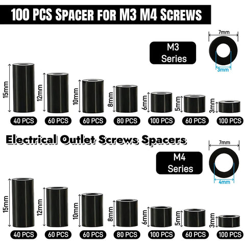1000 Piece Nylon Round Spacers Kit For Electrical Outlets And Switches, Black Spacers For M3 And M4 Screws Without Threads