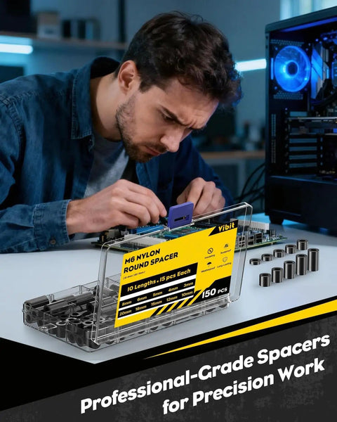 Man assembling parts with Durable Nylon Spacers For Screws 150 Piece Set M6 ID 6 Mm OD 11 Mm Ten Lengths 3 Mm to 20 Mm