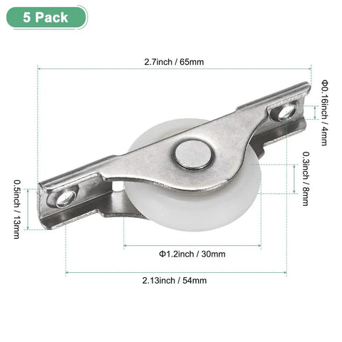 5-Pack Screen Door Rollers 30mm 1.18 Inch Diameter Nylon Pulley Wheels Replacement, front view, with dimensions