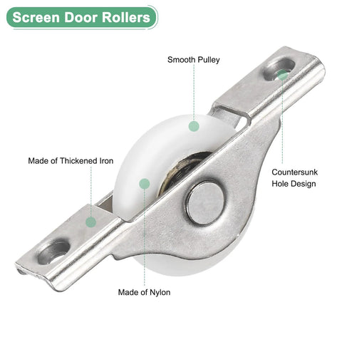 2-Pack Screen Door Rollers, 30mm Diameter Nylon Pulley Wheels For Sliding Doors, White iron and nylon construction close-up view