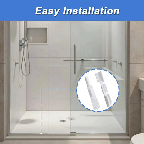 2 Pack Sliding Shower Door Bottom Guide Tracks White Nylon Sill Replacement For Glass Sliding Shower Doors Reduces Noise And Wobble Durable Corrosion Resistant Glide System For Smooth Quiet Operation shown installed in a glass shower.