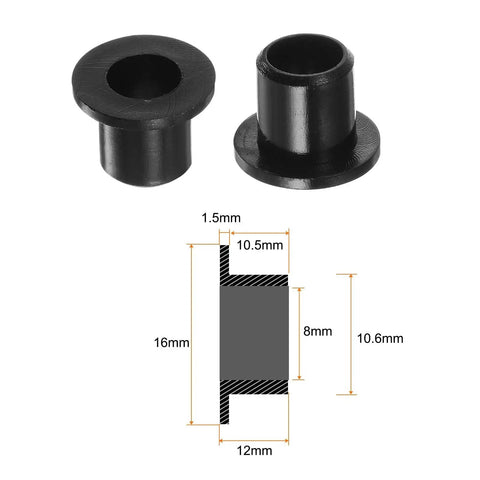 Diagram and side view of 12 Pack Flanged Nylon Sleeve Bearings for shafts with 8mm bore, 10.6mm outer diameter, and 12mm length in black.