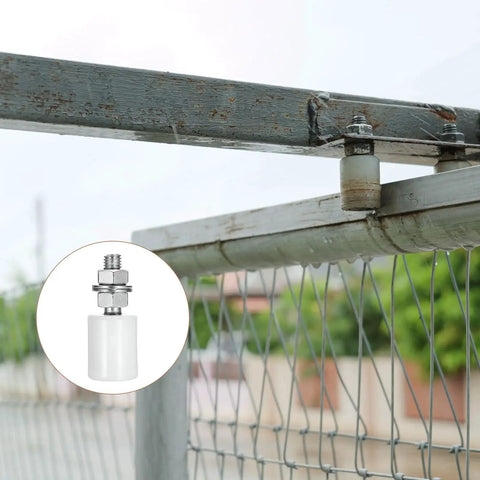 4 Pack Slide Gate Guide Rollers Nylon Bearing Wheels For Sliding Gates And Doors 1.18 Inch Wide By 1.57 Inch High White Durable Gate Rollers Suitable For Pulley And Electric Door Applications shown installed on metal gate, highlighting nylon roller and screw attachment for smooth operation.