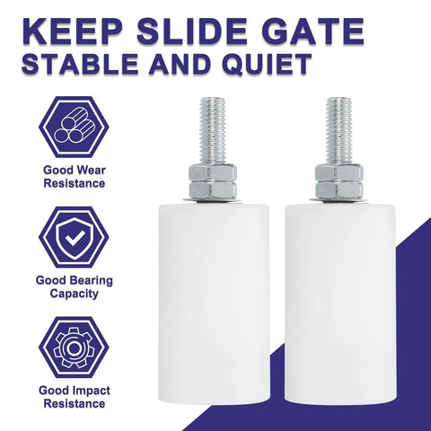 4 Pack Slide Gate Guide Rollers Nylon Pulley Wheels 40x70 Mm Gate Support Assembly for sliding roll gates, white cylindrical view