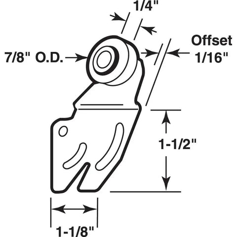 Diagram of Flat Nylon Closet Door Roller 7/8 Inch Diameter For Sliding Doors 1/4 Inch Wide with dimensions and offset