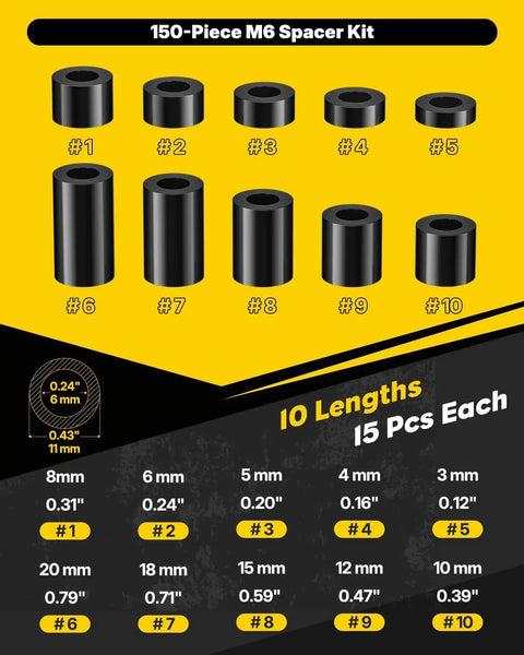 Image of Durable Nylon Spacers For Screws 150 Piece Set M6 ID 6 Mm OD 11 Mm Ten Lengths, showing all sizes and quantities.