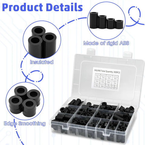 M6 M8 Nylon Spacer Set 300 Piece Round Standoff Assortment Kit for PCB and electronics projects in plastic storage case
