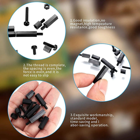 Close-up of 260 Piece M3 Nylon Hex Spacer Standoffs Kit with Male and Female Threads for PCB and Motherboard, includes screws and nuts.