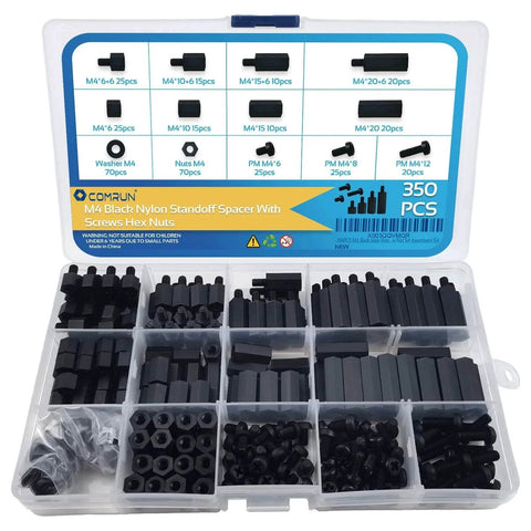 350 Piece M2.5 Black Nylon Hex Spacer Standoff Kit With Male And Female Nuts And Screws in storage case