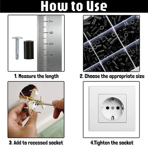 Instruction guide for using 1000 Piece Nylon Round Spacers Kit For Electrical Outlets And Switches with M3 and M4 screws.