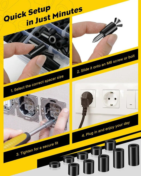 Durable Nylon Spacers For Screws 150 Piece Set M6 ID 6 Mm OD 11 Mm shown in installation steps and usage examples.