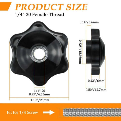 Product dimensions of 4 Pack 1/4-20 Nylon Star Knob Handles For Secure Clamping With Galvanized Steel Core Six Star Ergonomic Design