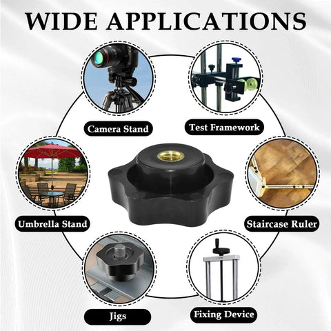 Diagram showing applications of Black Nylon 1/4-20 Inch Hand Tightening Clamping Knob with Brass Insert for various tools and devices
