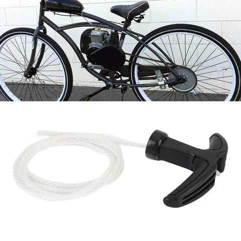 Heavy Duty Nylon Starter Rope And Handle With Comfortable Grip For 2 Stroke Engines shown beside motorized bicycle