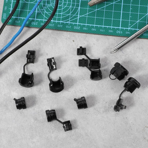 40 Pack Nylon Strain Relief Cord Connectors For Power Cables Round Grommets With Nylon Insulation, tools, and wires on a desk
