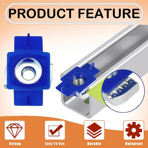 Blue zinc-plated nylon strut channel nut with twist tab for quick, secure channel support in outdoor environments