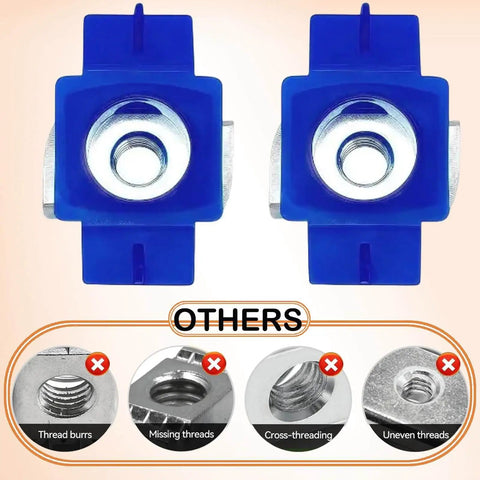 Close-up of durable zinc-plated nylon strut channel nuts with twist tab for quick, secure channel support; comparison with defective nuts.