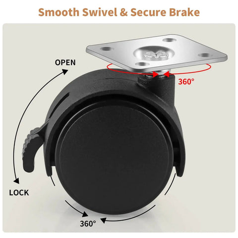 1.5 Inch Nylon Plate Caster Wheels With Brakes, Swivel Furniture Casters For Light Duty Furniture And Equipment, side view showing 360-degree swivel and lock mechanism.