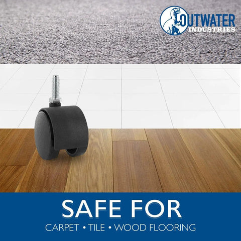2 Inch Wheel Diameter Hooded Twin Wheel Caster In Black Nylon Swivel With 360 Degree Rotation And 3 8 16 By 1 Inch Threaded Stem Installed Mounting Height 2 5 16 Inches Four Pack Featuring Nylon 6 Wheels And Zinc Plated Steel Hardware on hardwood flooring