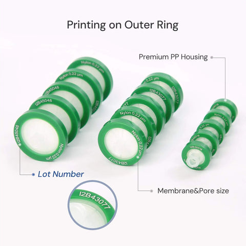 1000 Pack Nylon Hydrophilic Syringe Filters 0.22 Micron, 25 Millimeter Diameter, Green Color Code, shown with printed outer ring details