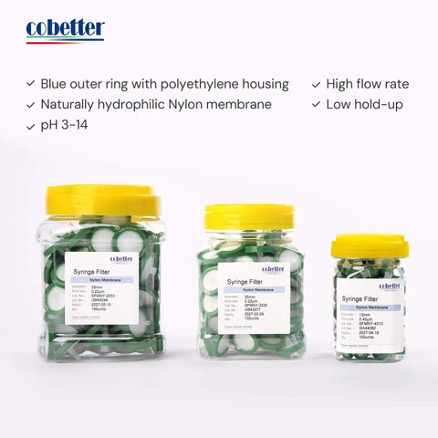Three jars showing 1000 Pack Nylon Hydrophilic Syringe Filters 0.22 Micron, 25mm, Green Color Code, Non Sterile Lab Filtration.
