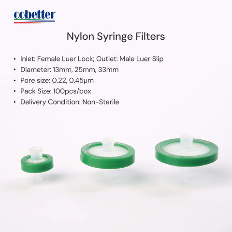 1000 Pack Nylon Hydrophilic Syringe Filters 0.22 Micron, 25 Millimeter Diameter, Green Color Code, Non Sterile Lab Filtration