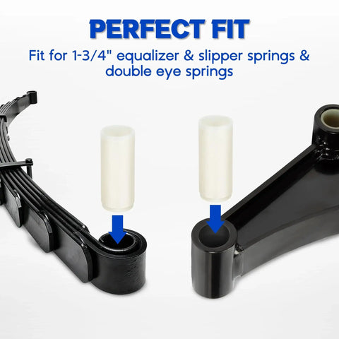 8 Pack Nylon Trailer Leaf Spring Bushings 722106 Replacement Kit for Trailer Double Eye Springs and Equalizers, shown in use