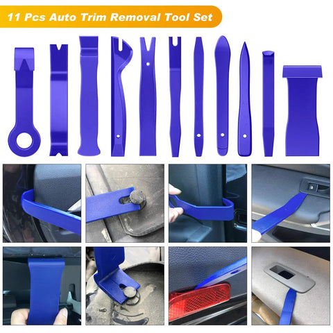 11 Piece Auto Trim Removal Tool Set in blue, including various shaped nylon tools for car interior panel and trim removal.