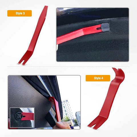 Five Piece Nylon Impact Resistant Auto Trim Removal Tool Kit For Car Panels And Audio Dashboard Dismantling No Scratch Durable Non Toxic Construction For Safe Car Audio System Installation And Repairs showcasing red pry tool in use.