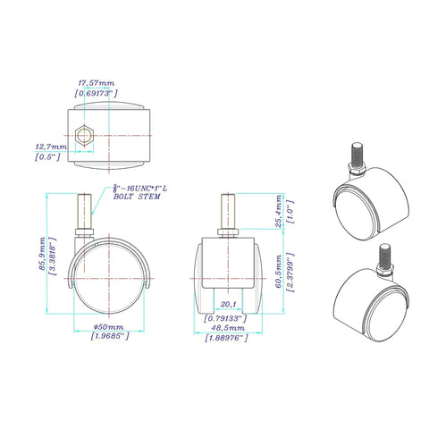 Technical diagram of 2 Inch Wheel Diameter Hooded Twin Wheel Caster In Black Nylon Swivel With 360 Degree Rotation And 3 8 16 By 1 Inch Threaded Stem Installed Mounting Height 2 5 16 Inches Four Pack Featuring Nylon 6 Wheels And Zinc Plated Steel Hardware.
