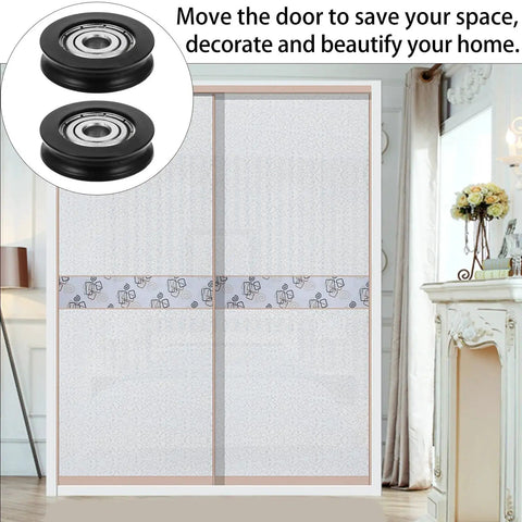 Nylon U Groove Sliding Door Pulley Wheel 1.18 Inch Low Noise Barn Door Rollers installed on a cabinet sliding door in a decorated room.